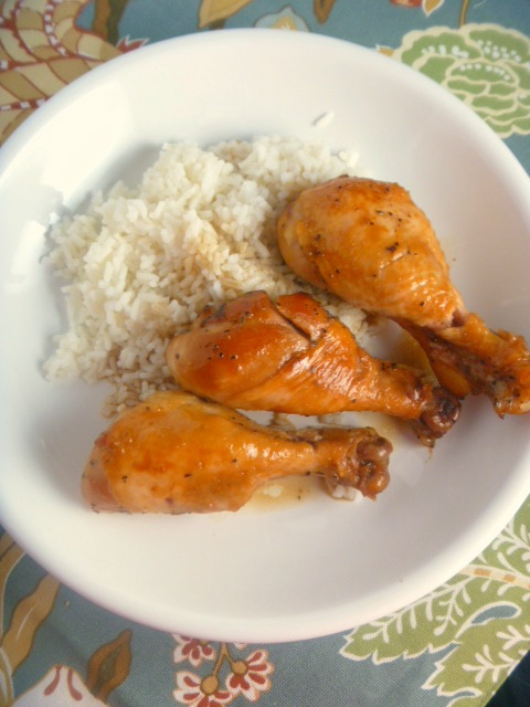 Baked Honey Soy Chicken Legs:  Tender, juicy chicken legs doused with a wonderful honey soy sauce served over a bed of fluffy rice.  What could be more comforting than that? Slice of Southern
