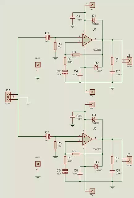 tda2030 stereo amplifier circuit