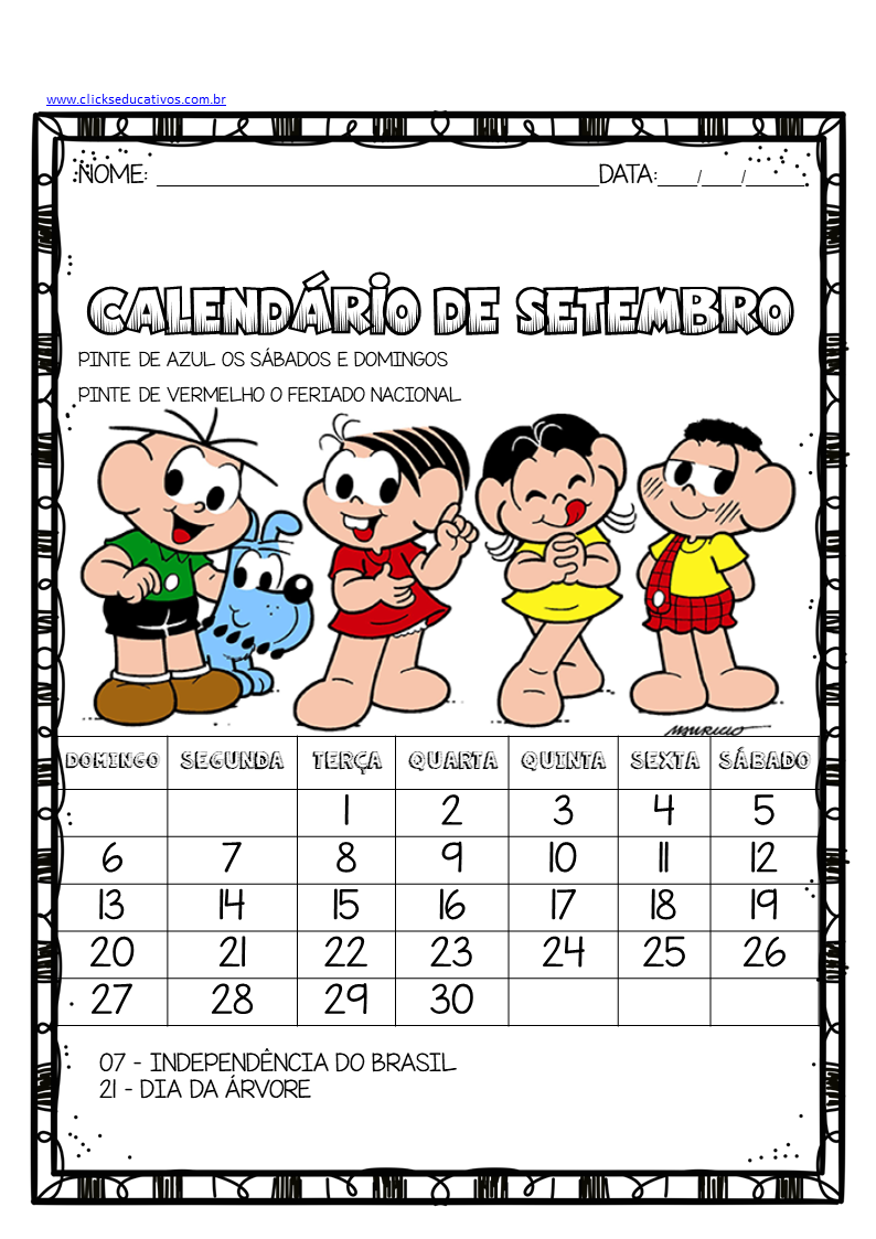 Calendário para imprimir Turma da Mônica