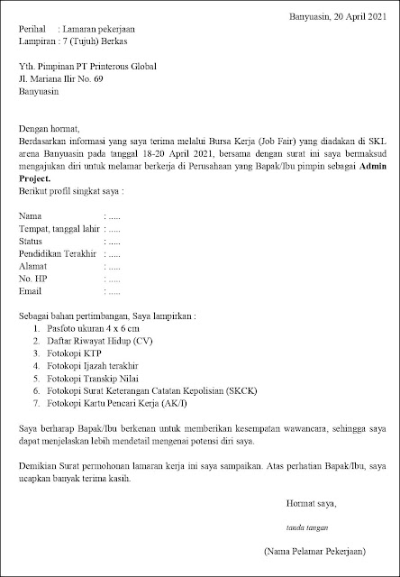 Contoh Surat Lamaran Kerja Admin Project Untuk Fresh Graduate Berdasarkan Bursa Kerja (Job Fair) Contoh Surat Lamaran Kerja Untuk Admin Project (Fresh Graduate)