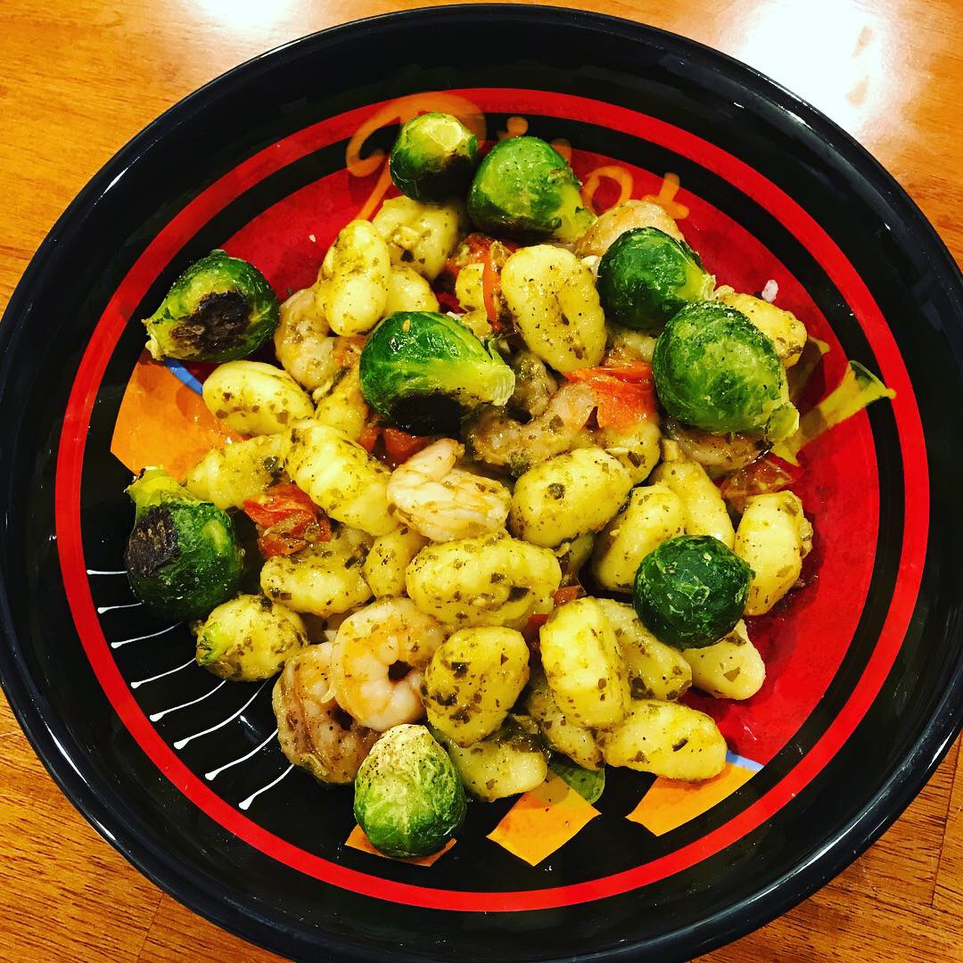 Gnocchi and Shrimp with Pesto, Tomatoes, and Roasted Brussels Sprouts
