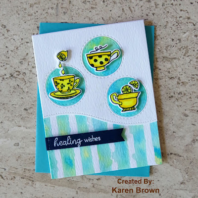 Altenew Watercolor Stripes distress ink painted background with Altenew Tea Time die cuts.