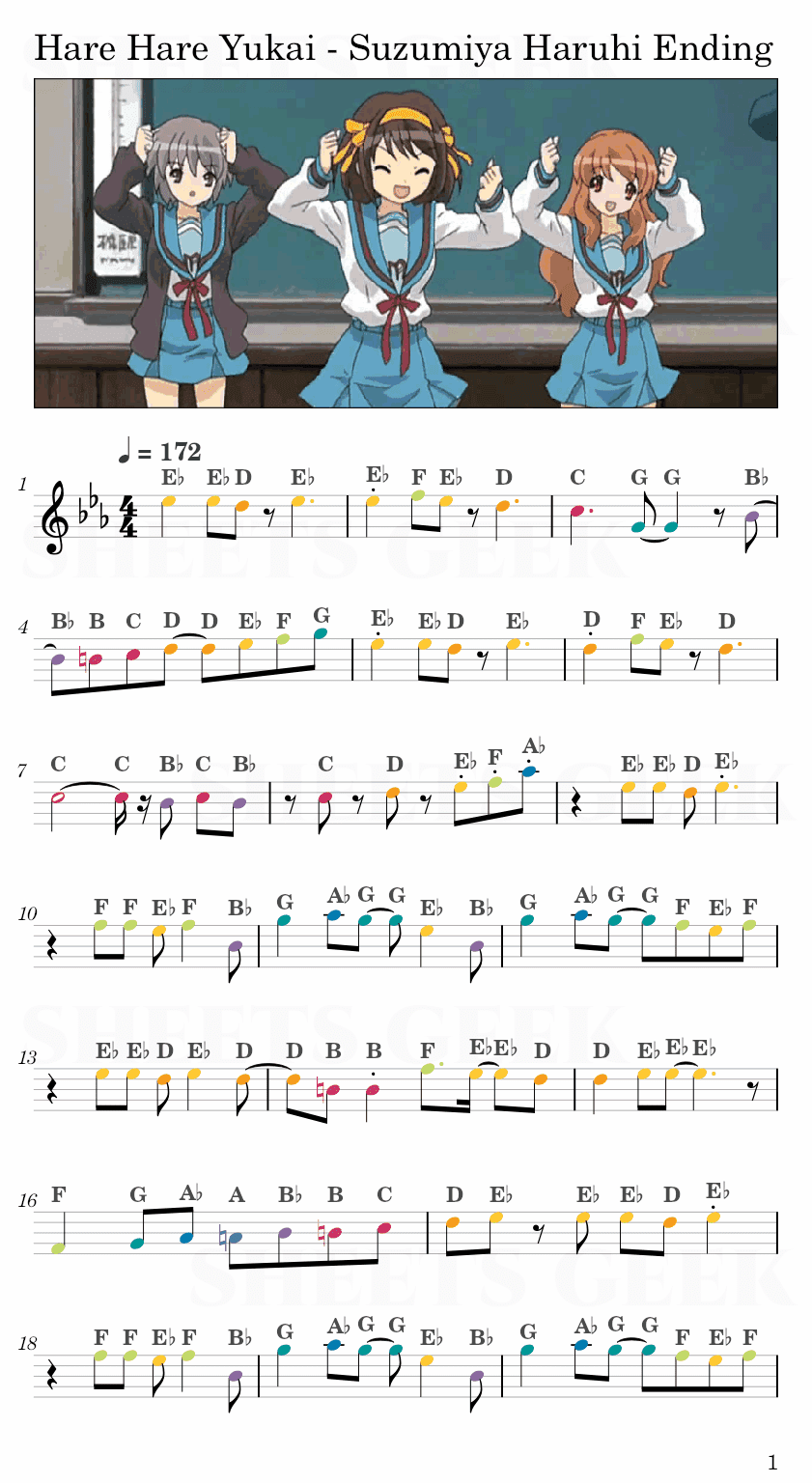 Hare Hare Yukai - Suzumiya Haruhi Ending Easy Sheet Music Free for piano, keyboard, flute, violin, sax, cello page 1
