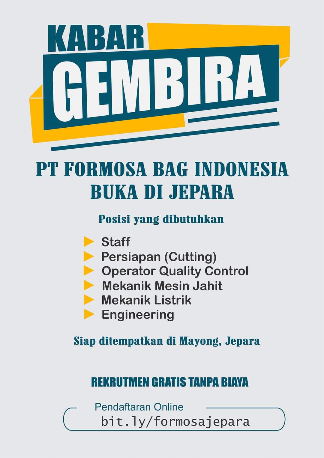 Nah Formin kasih jawabannya sekarang PT Fomosa Bag Indonesia cabang Jepara bentar lagi dibuka dan saat ini lagi buka lowongan kerja nih Nah Formin kasih jawabannya sekarang PT Fomosa Bag Indonesia cabang Jepara bentar lagi dibuka dan saat ini lagi buka lowongan kerja nih