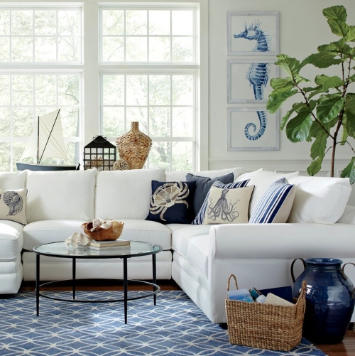 Elegant Coastal White & Bold Blue Living Room