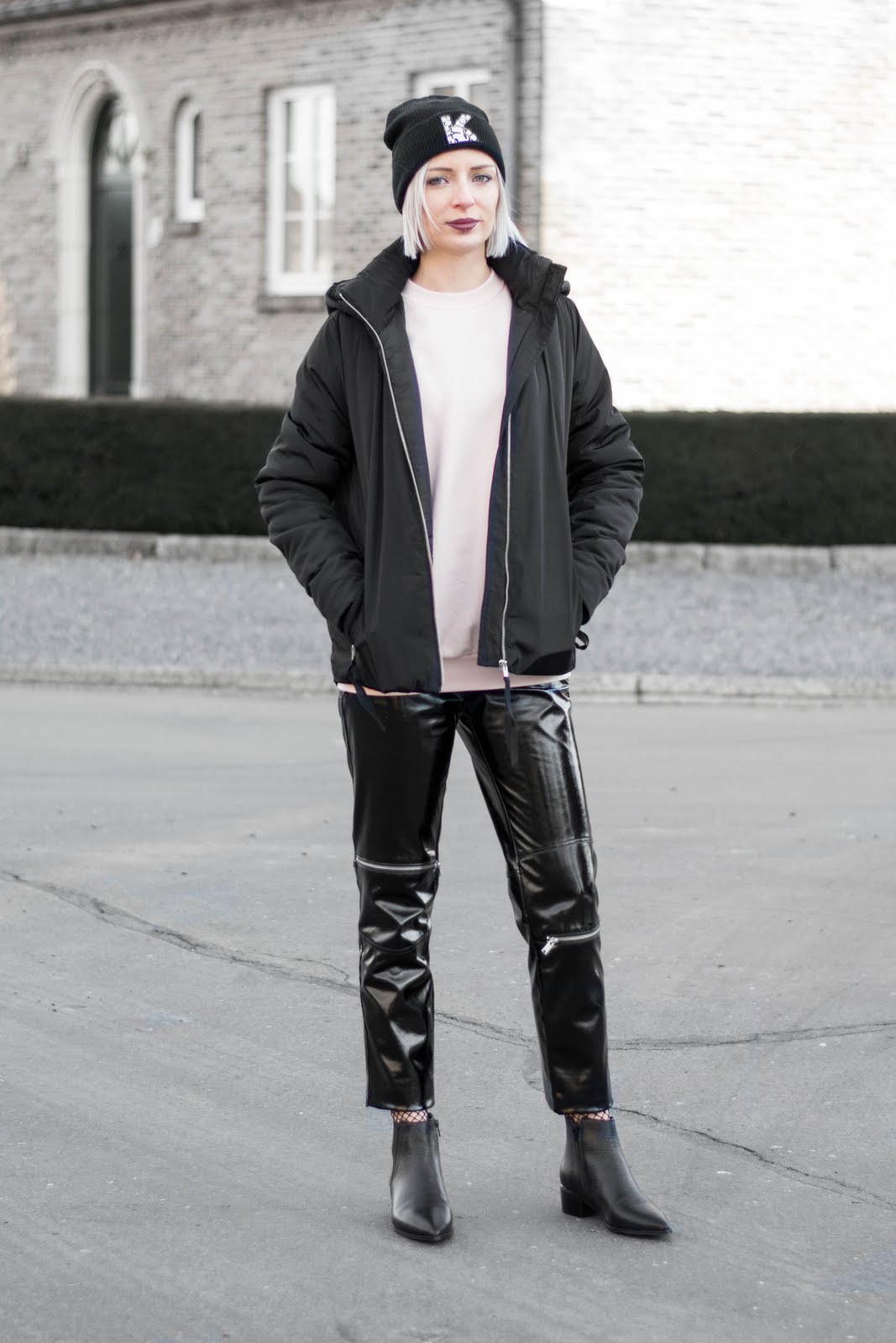 All black outfit, patent, zara, sacha boots, acne jensen inspired, karl lagerfeld hat, puffer jacket