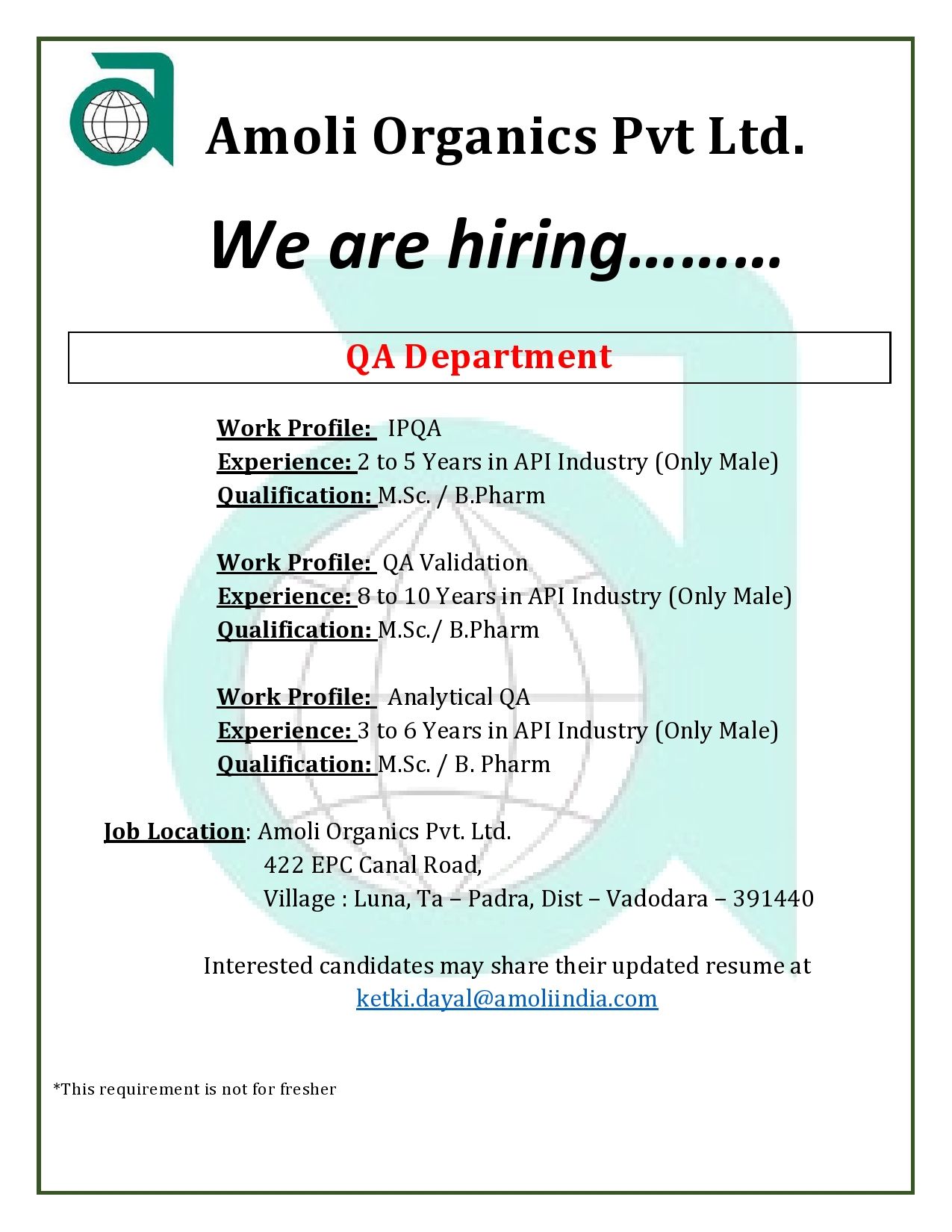 Urgent Openings for QA (IPQA / QA Validation / AQA) Department @ Amoli
