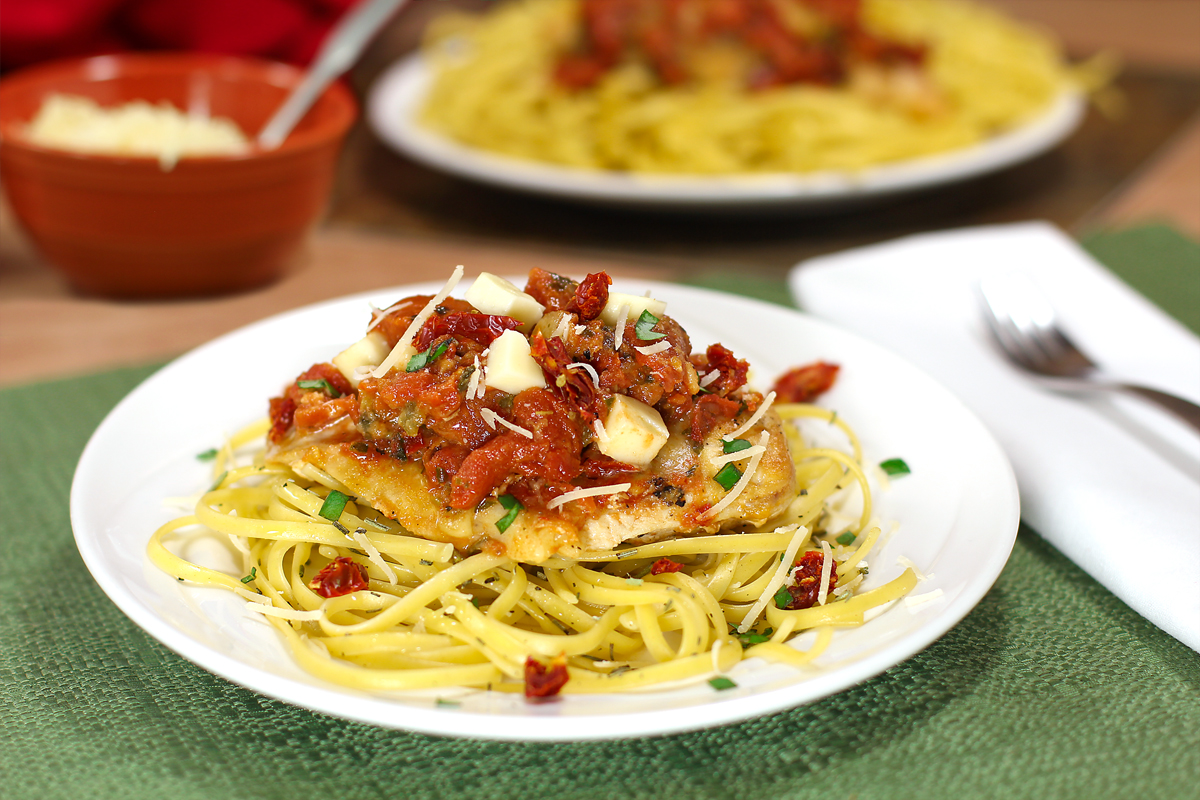 Roasted Tomato Bruschetta Chicken Over Linguine in 30 Minutes