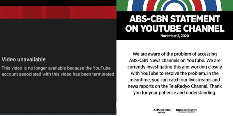 ABS-CBN News' YouTube channel inaccessible, account "terminated"