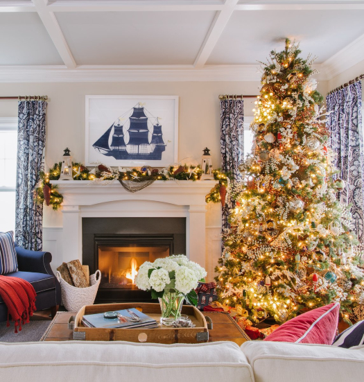Nautical Christmas Living Room Tree and Mantel Decor