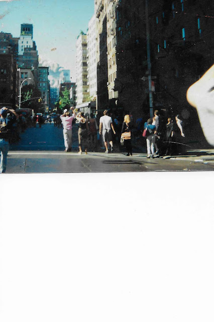 Image description:  about 10 people standing on University Place looking south.   In the distance only one Tower stands and it has a hole in it. Smoke billowing from the site of the other Tower. On the right side of the photograph there was an elbow sticking into the frame