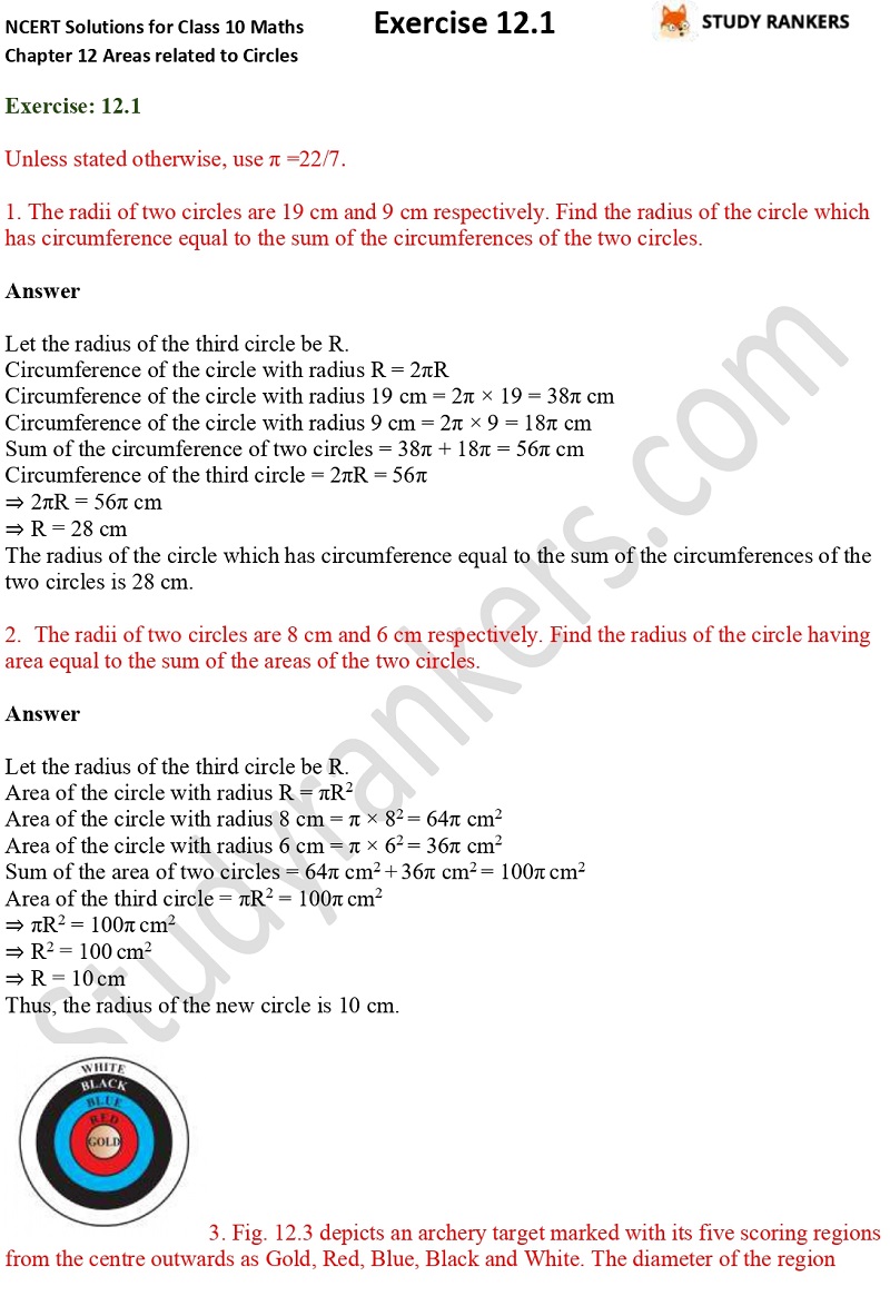 NCERT Solutions for Class 10 Maths Chapter 12 Areas related to Circles Exercise 12.1 Part 1