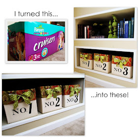 Turn a cardboard diaper box into a decorative basket to organize :: OrganizingMadeFun.com