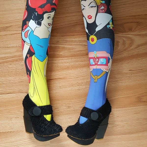 wearing Disney Snow White tights and Irregular Choice wooden heel shoes