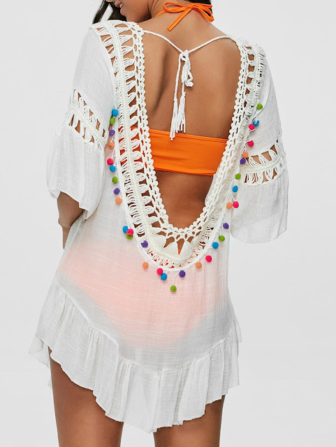 Pompon See-Through Crochet Tunic Beach Cover Up