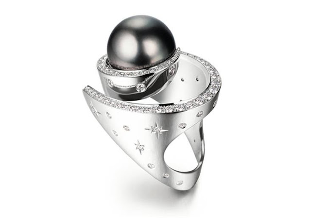 White Gold Black Pearl and Diamond Designer Ring