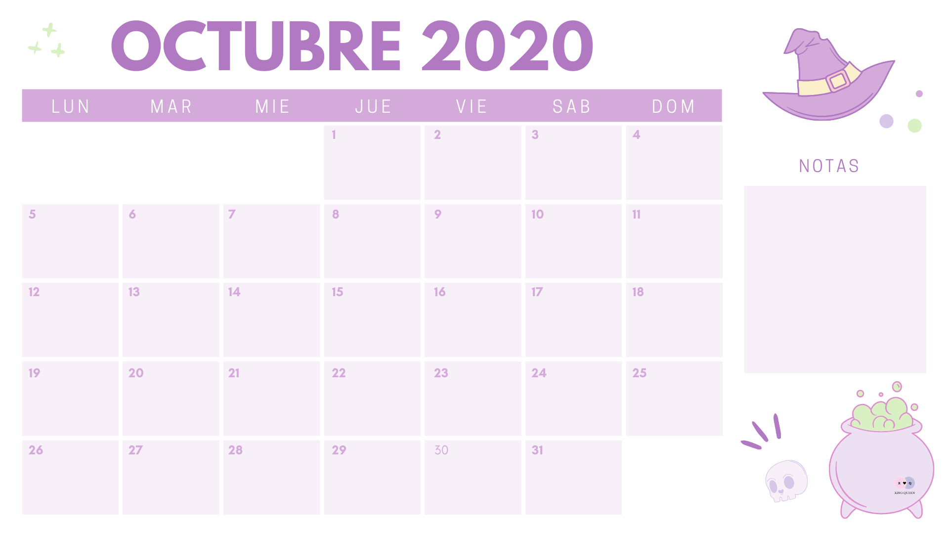 Calendario Octubre 2020 Imprimible Gratis ★ Xing Queen ★ Blogger