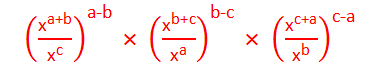("x" ^"a+b" /"x" ^"c"  )^"a-b"  " × " ("x" ^"b+c" /"x" ^"a"  )^"b-c"  " × " ("x" ^"c+a" /"x" ^"b"  )^"c-a"