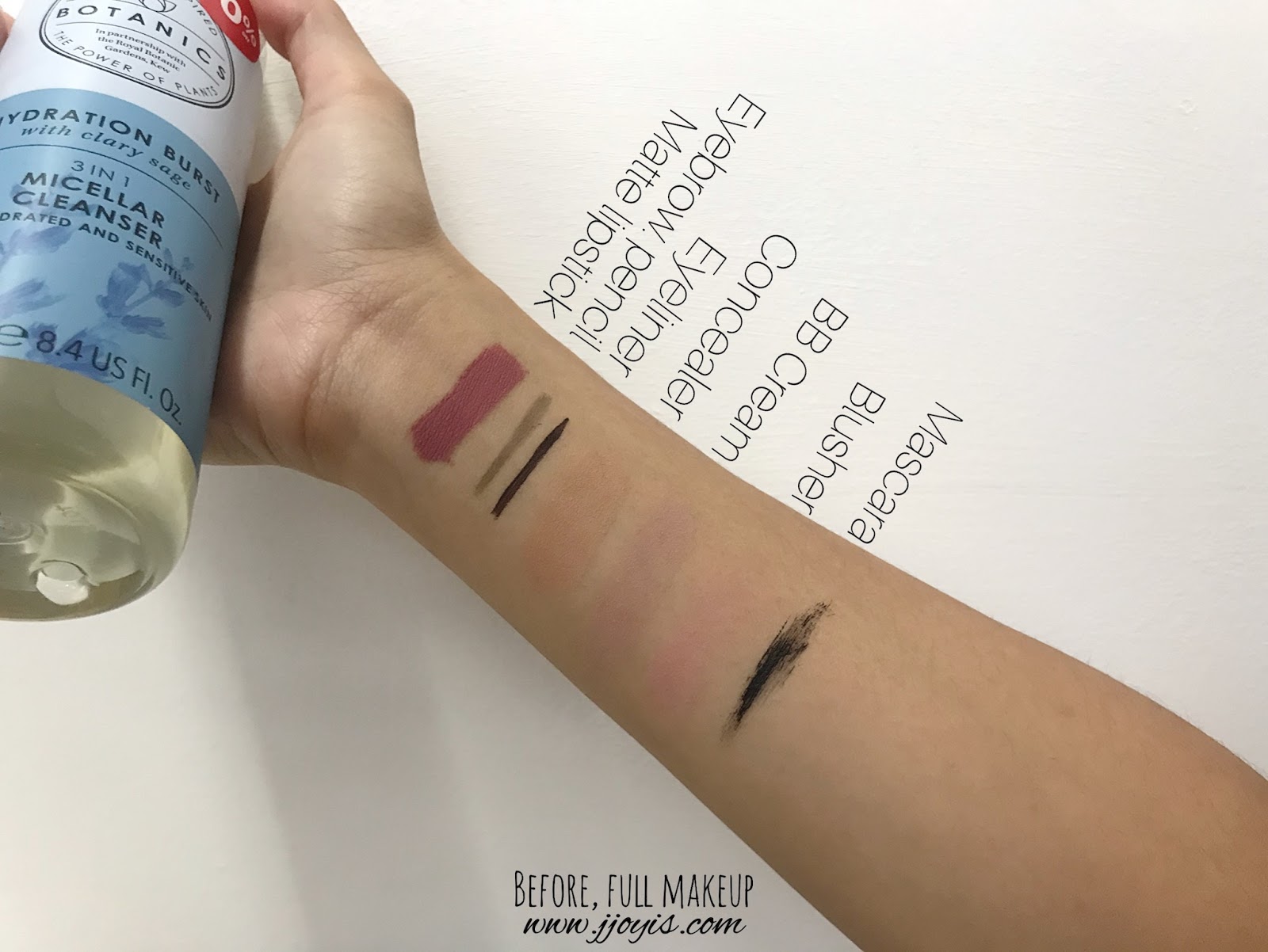 botanics micellar water hydration burst review swatch test arm with make up