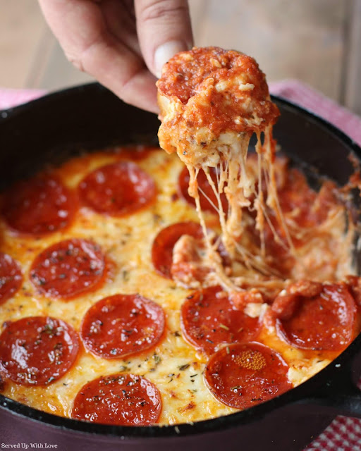 Pepperoni and cheese Pizza Dip recipe from Served Up With Love
