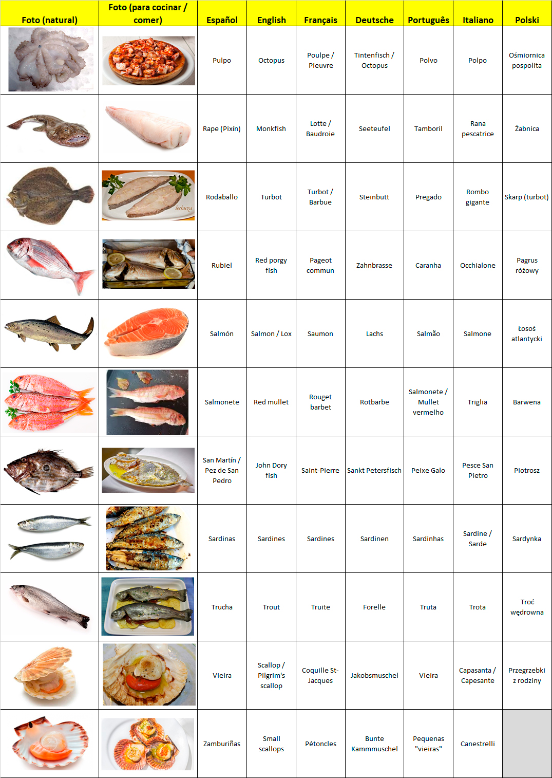 Cocina casera sencilla NOMBRES PESCADOS Y MARISCOS EN ESPAÑOL, INGLÉS