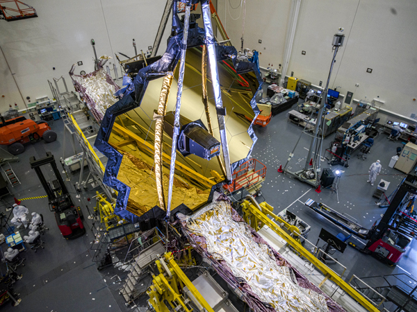 A snapshot of NASA's James Webb Space Telescope inside a clean room at the Northrop Grumman facility in Redondo Beach, California. A snapshot of NASA's James Webb Space Telescope inside a clean room at the Northrop Grumman facility in Redondo Beach, California.
