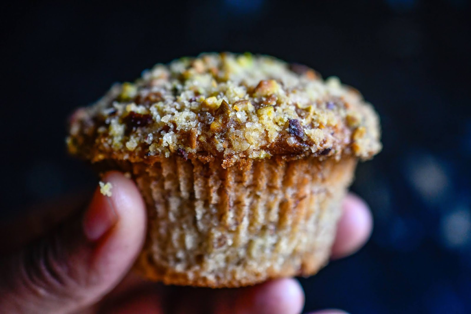Greedy Girl Nutella filled banana bread muffins, with Pistachio streusel.
