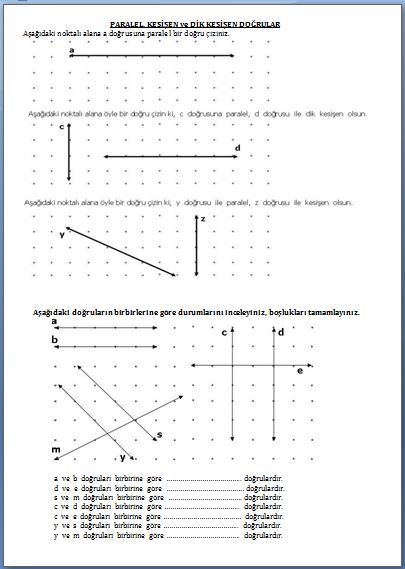 Paralel, Kesişen ve Dik Kesişen Doğrular Çalışma Sayfası, 3. Sınıf