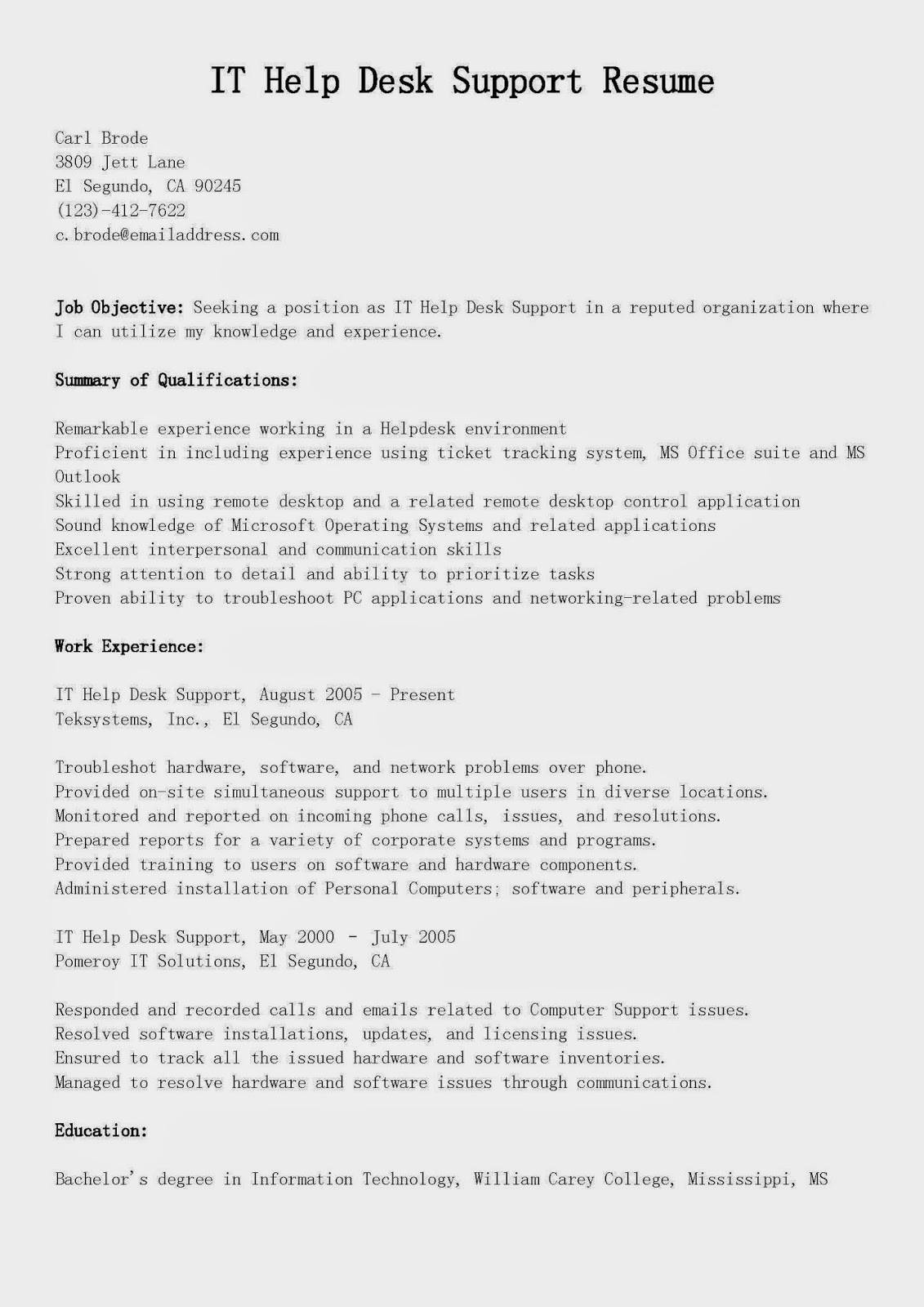 Resume Samples IT Help Desk Support Resume Sample