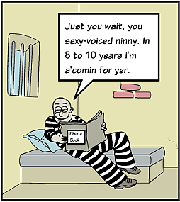 Comic of convict in prison looking through a phone book.