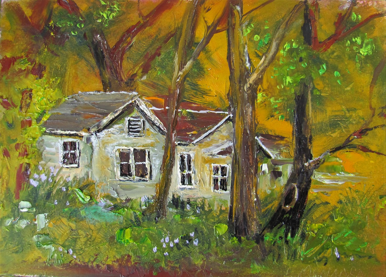 Lori's Stormy Art and Daily Paintings 1698 House in the Woods Plein Air