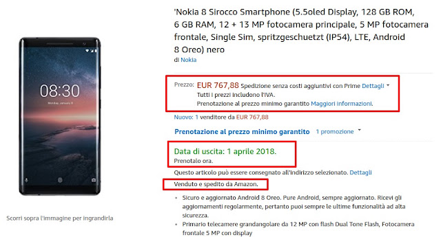 Nokia 8 Sirocco venduto e spedito da Amazon a 767 euro [Disponibilità dal 1° aprile 2018]