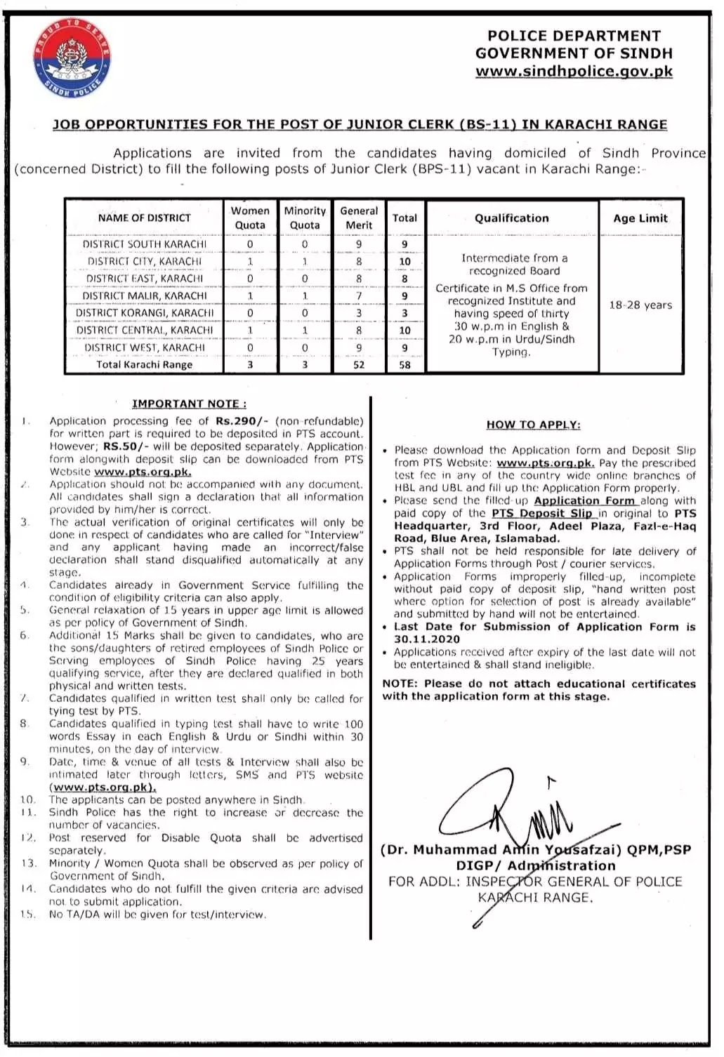 KARACHI REGION SINDH POLICE JUNIOR CLERKS (BS-11) JOBS 2020 58 POST