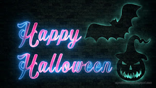 Happy Halloween Neon Light Lettering Style With Spooky Green Silhouette Bat Pumpkin And Dark Brick Wall Background