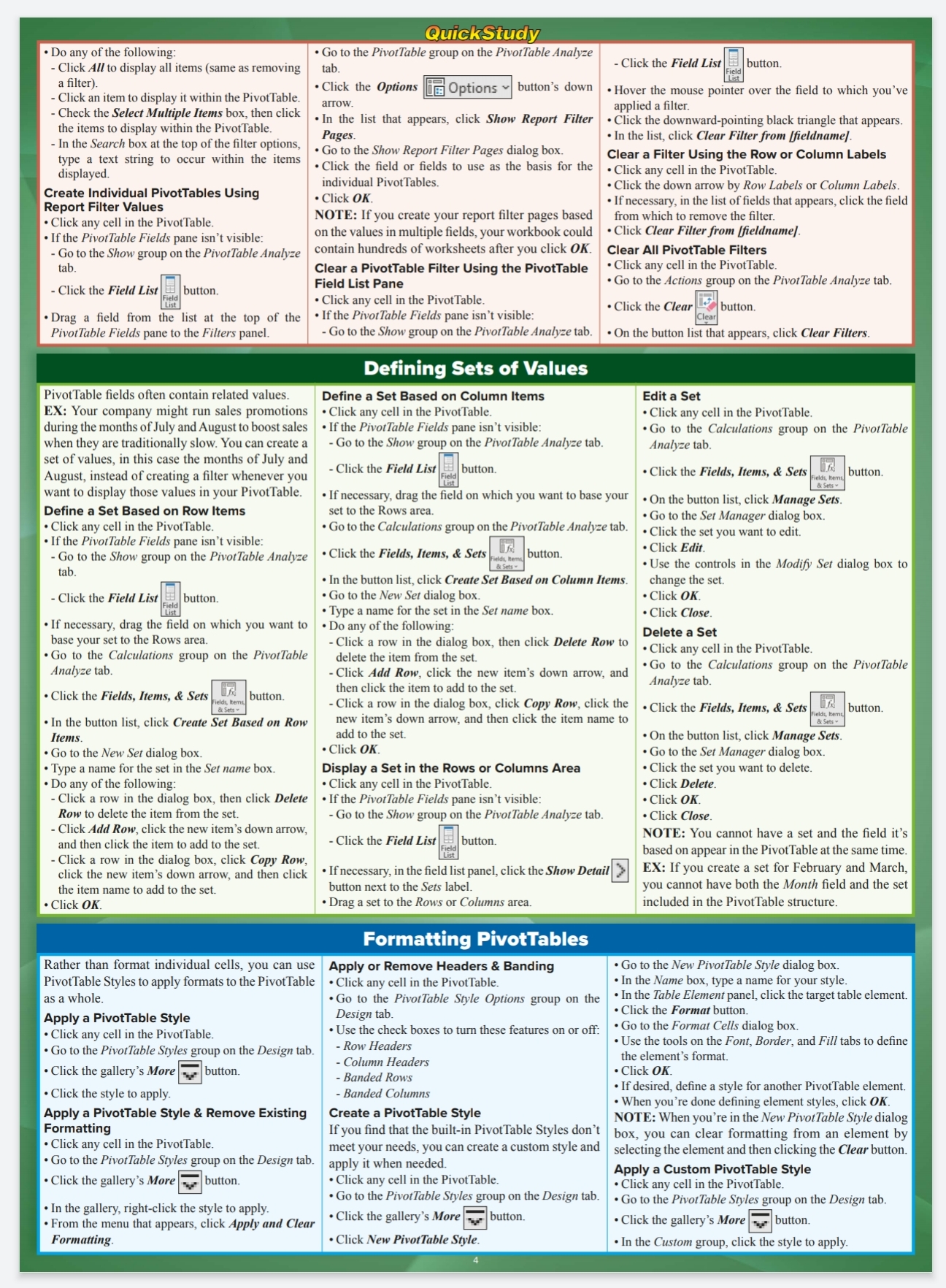 Excel 365 Pivot Tables & Charts A Quickstudy Laminated Reference