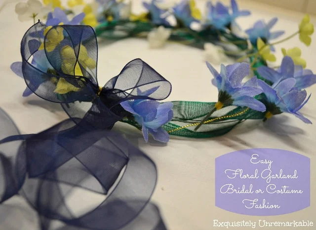 Floral headpiece with blue ribbon and text Easy Floral Garland Costume or Bridal Fashion
