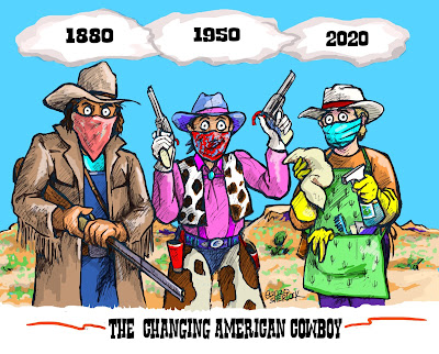 3 cowboys cartoon--1880, 1950, 2020