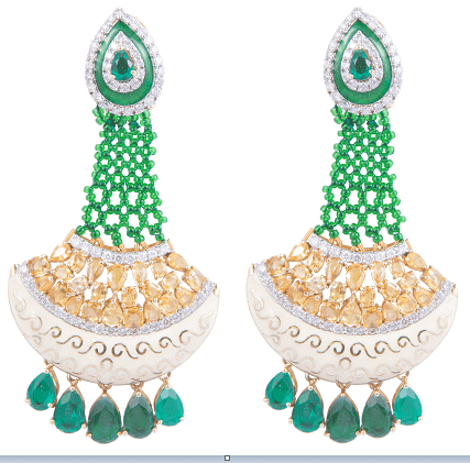 5.A beautiful pair of diamond earrings made in 14kt yellow gold having 51.910gms weight with enamel and green stones and real yellow sapphire @289100 by SLG Jewellers Pvt.-min 5.A beautiful pair of diamond earrings made in 14kt yellow gold having 51.910gms weight with enamel and green stones and real yellow sapphire @289100 by SLG Jewellers Pvt.-min