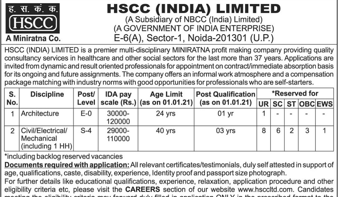 HSCC India Limited Recruitment 2021 Apply 13 Engineering Vacancies