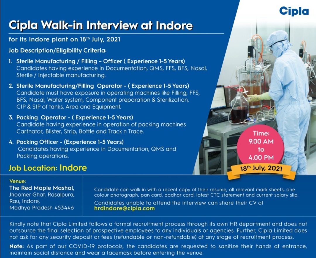 Cipla | Walk-in interview at Indore on 18th Jul 2021