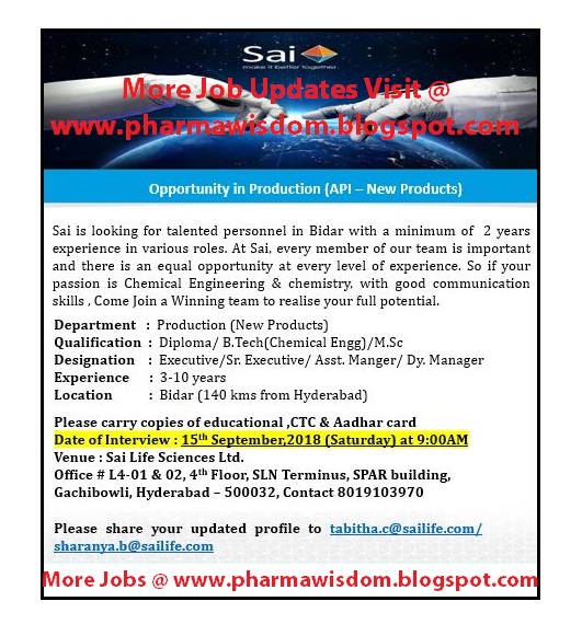 Sai Life Sciences Ltd WalkIn Drive on 15th Sept' 2018 Hyderabad