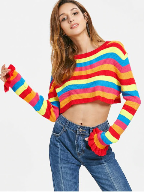 Rainbow Stripes Crop Sweater - Multi S