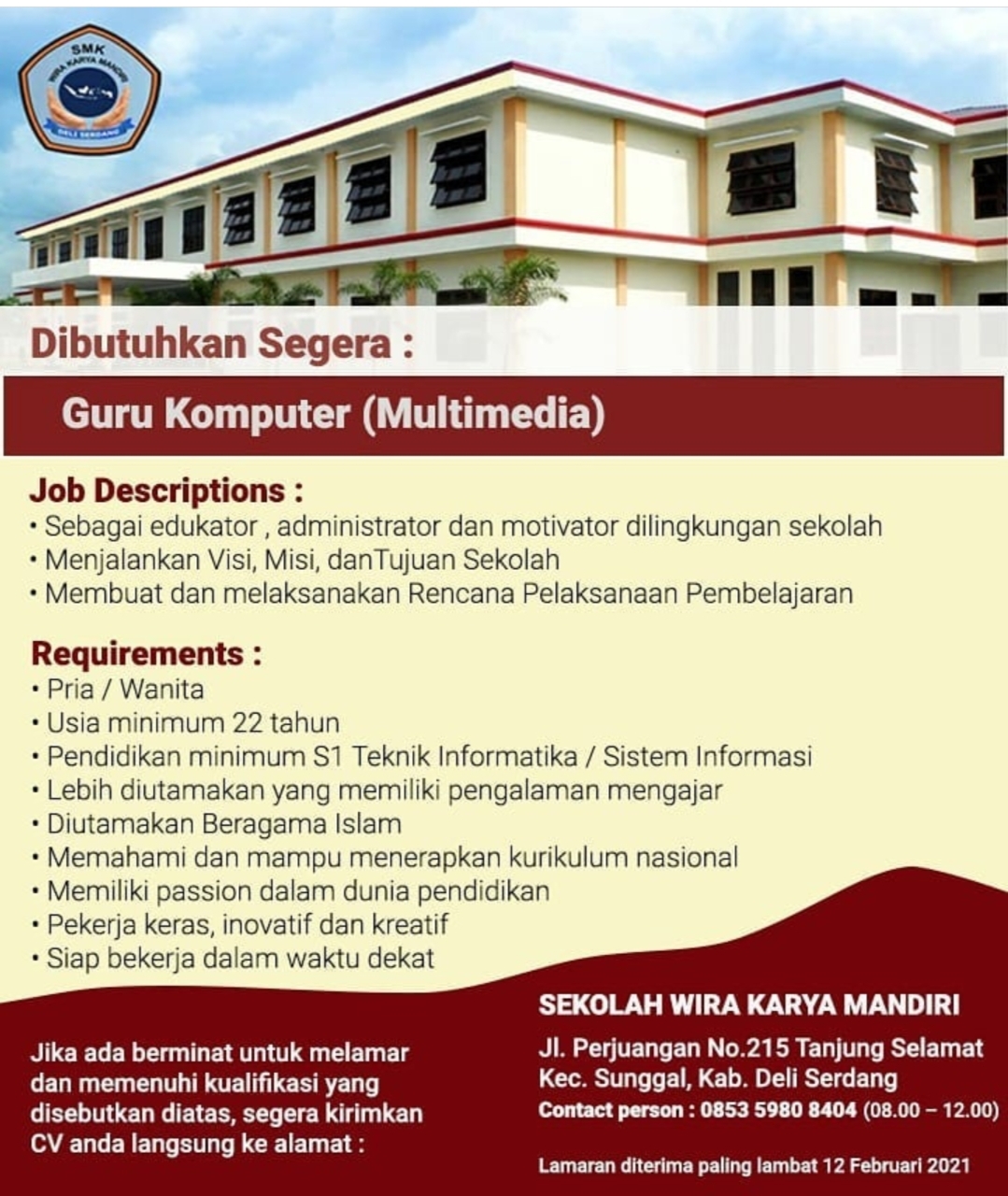 Lowongan kerja Guru di Sekolah Wira Karya Mandiri Medan Februari 2021
