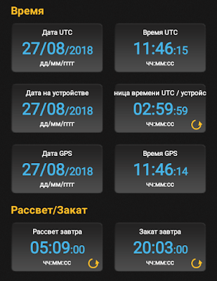 Разница времени UTC/устройство, рассвет и закат завтра