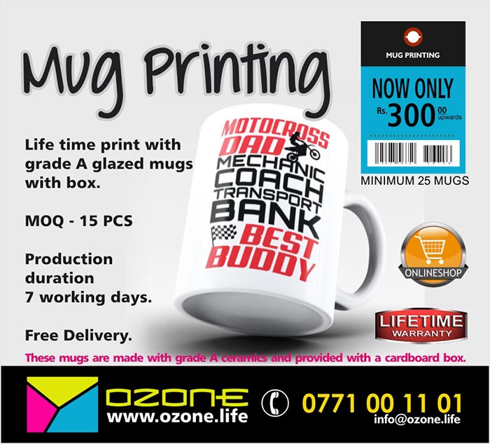 Life time print with grade A glazed mugs and box. MOQ - 25 PCS. Production duration 7 working days. Free Delivery. Unit price 300/=: Hotline 077 100 11 01 - info@ozone.life
