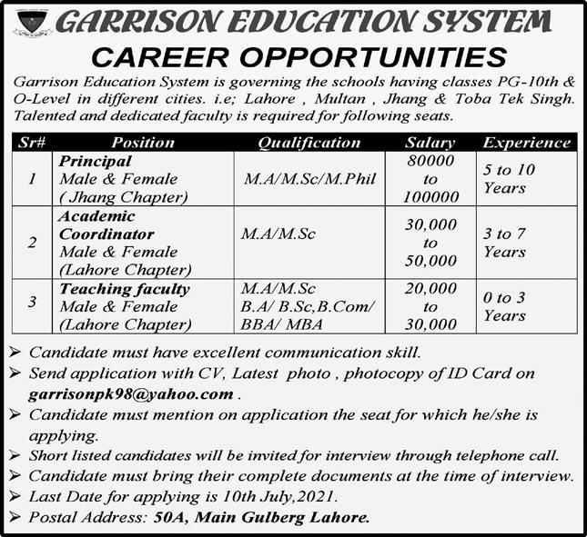 garrisonpk98@yahoo.com - Garrison Education System Jobs 2021 in Pakistan