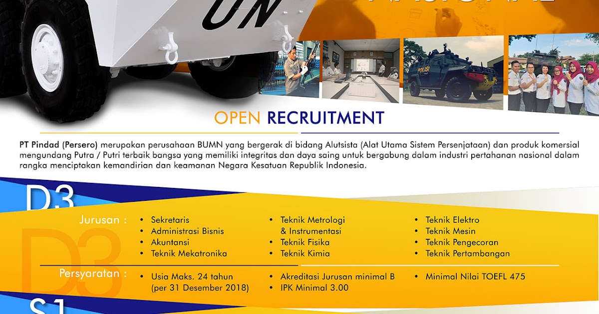 lowongan kerja PT Pindad formasi D3/S1 2018