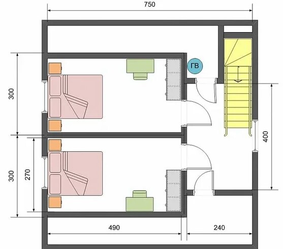 Layout of a house with a small attic under the roof