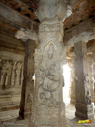 Ranga Mandapa or Dance Hall, with Intricately sculpted pillars inside the Veerabhadra Swamy Temple at Lepakshi, in Andhra Pradesh, India