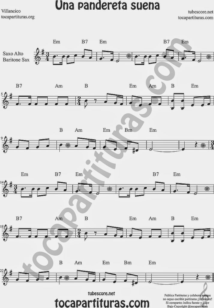  Una Pandereta Suena Partitura de Saxofón Alto y Sax Barítono Sheet Music for Alto and Baritone Saxophone Music Scores